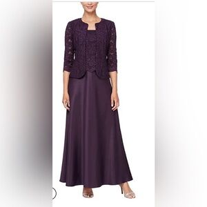 Alex Evenings Elegant Purple Lace Evening Gown with separate jacket